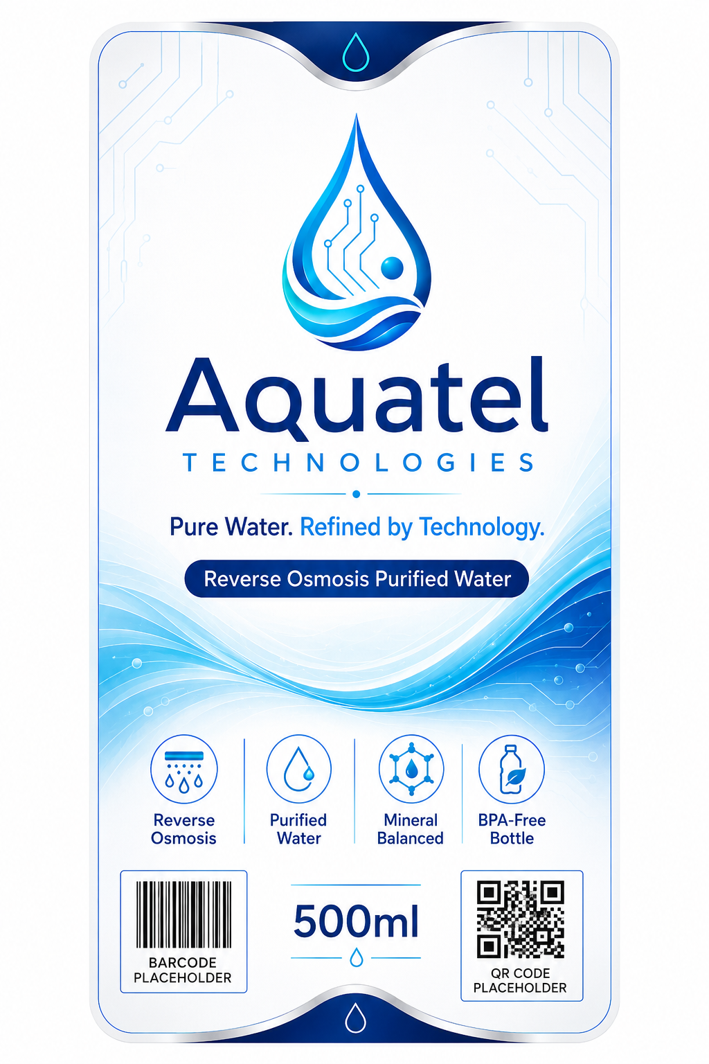 Aquatel bottle label showing reverse osmosis, purified water, mineral balanced and BPA-free bottle markings